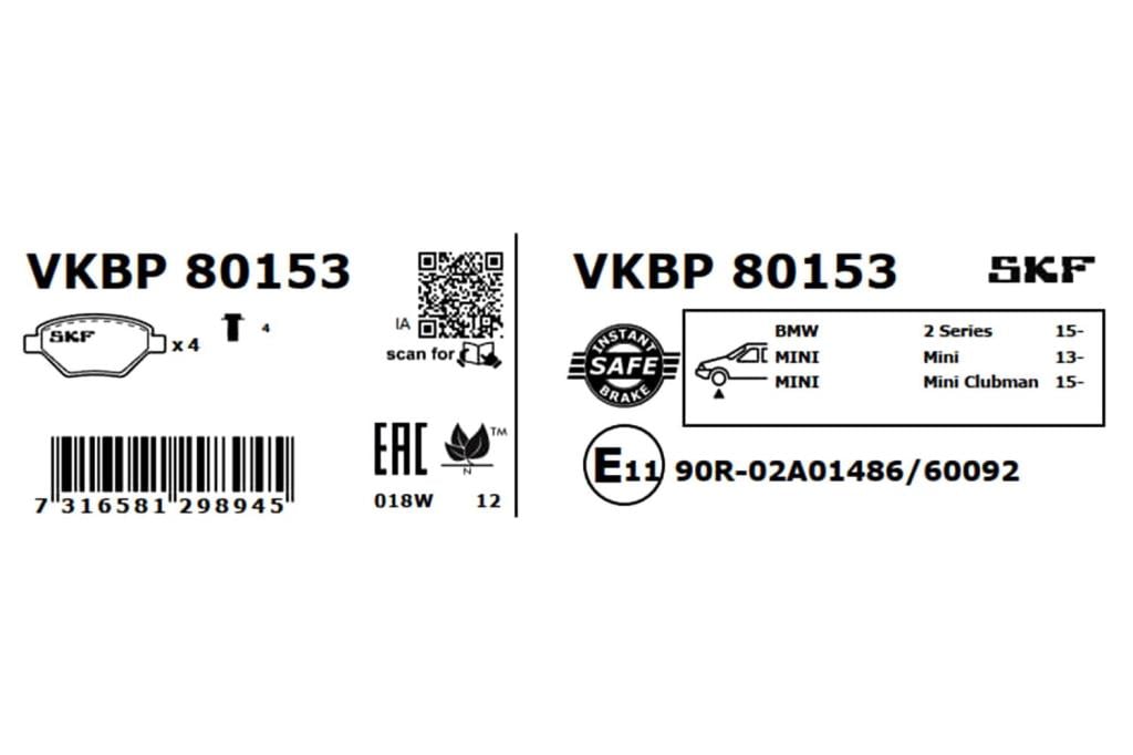 Jogo de 4 pastilhas de travão SKF ref. VKBP 80153